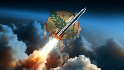 Obraz premium A rocket soars towards the heavens, embodying the spirit of Oklahoma innovation and the pursuit of space exploration