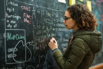 A female teacher writing equations on a blackboard in a classroom setting, A teacher writing on a chalkboard filled with equations and formulas