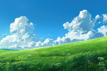 Beautiful green field with white clouds in a clear blue sky. Lush grass field in front of a bright summer sky. Concept of serenity, peace, tranquility and nature.