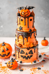 Halloween cake with frosting decorated as a pumpkin on grey background