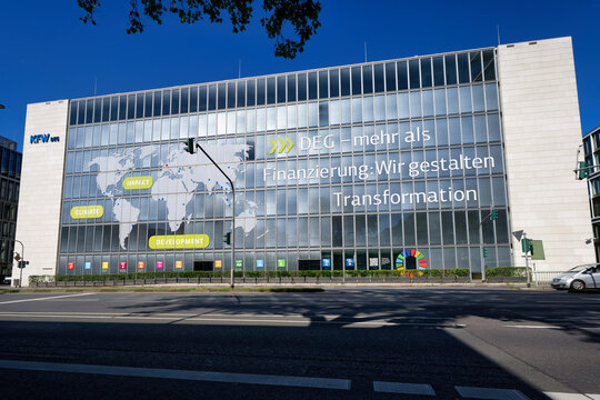 Cologne, Germany June 25 2024: headquarters of DEG - Deutsche Investitions- und Entwicklungsgesellschaft mbH  subsidiary of KfW Banking Group D inscription more than financing, we shape transformation