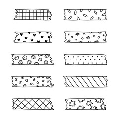 Obraz premium Doodle set of washi tape stripes with squiggle, geometry and cute pattern. Adhesive tape with black and white ornament. Trendy decorative scotch tape with ragged edges for scrapbook, planner, design.