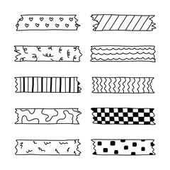 Doodle set of washi tape stripes with squiggle, geometry and cute pattern. Adhesive tape with black and white ornament. Trendy decorative scotch tape with ragged edges for scrapbook, planner, design.