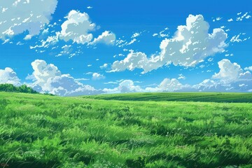 Obraz premium Green grass field under a blue sky with fluffy clouds, beautiful natural landscape, meadow with lush grass, scenic nature background.