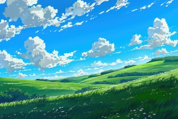Sunny Day with Green Meadow, Blue Sky and Fluffy Clouds. Beautiful countryside landscape.