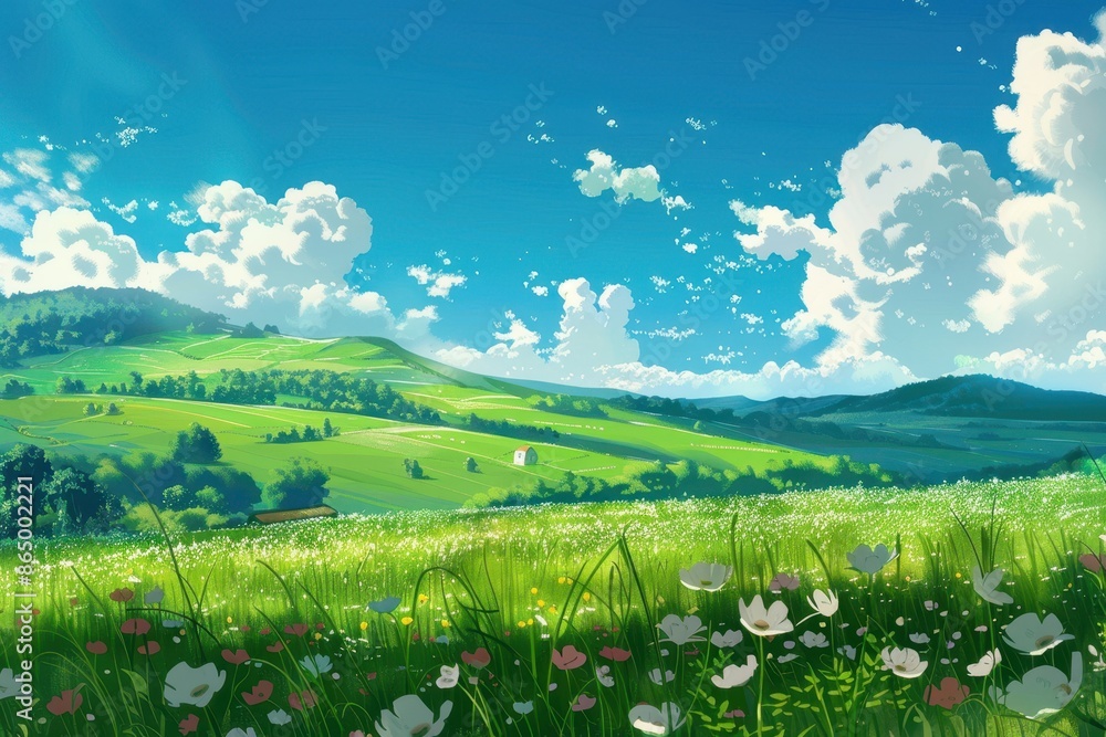 Wall mural Green grass field with white flowers in meadow and blue sky with white clouds. Spring or summer season landscape. Beautiful green countryside field under sunlight. Illustration, nature.