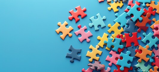 Assorted colorful puzzle pieces scattered on a blue background