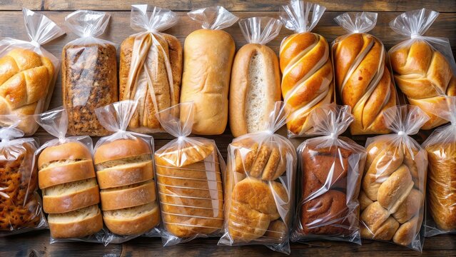 Bread packaging with assorted loaves in clear plastic bags, bread, packaging, fresh, bakery, plastic, bags, loaves, assortment