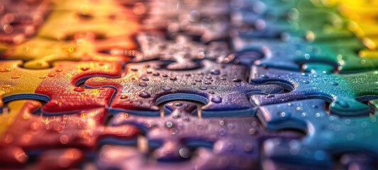 Naklejka premium A close-up of a colorful jigsaw puzzle with a rainbow of pieces, surreal concept 