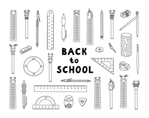 Obraz premium Big doodle set of cute back to school stationery with hand drawn outline. Collection of rulers, protractor, erasers, sharpeners, ballpoint pen, pencil, bookmark. School supply for study, draw, work
