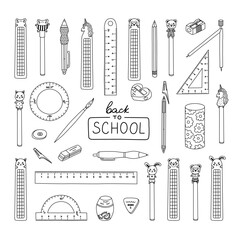 Big doodle set of cute back to school stationery with hand drawn outline. Collection of rulers, protractor, erasers, sharpeners, ballpoint pen, pencil, bookmark. School supply for study, draw, work