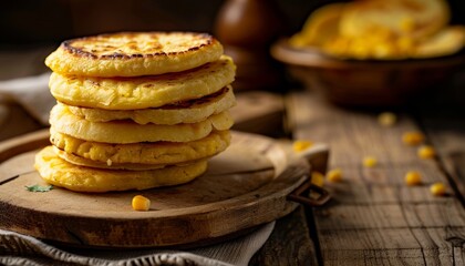 Stack of Arepas Made From Ground Corn Dough, Traditional Meal of Colombia and Venezuela, Arepas on Wooden Tray, Background with Copy Space