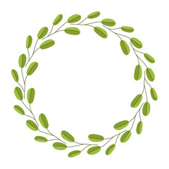Vector wreath of leaves. Template for a postcard. Green circle of leaves and branches. Eco friendly icon. Concept of spring and summer holiday invitation.