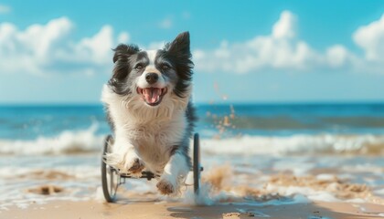 Joyful Border Collie with Mobility Aid Enjoying a Run on Sunny Sandy Beach