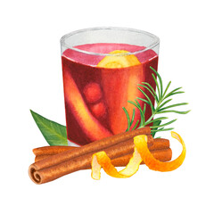 A glass of mulled wine with cinnamon, rosemary and orange zest isolated on transparent background. Hand drawn watercolor illustration. For design, cards, packaging, labels, menus, recipes, advertising
