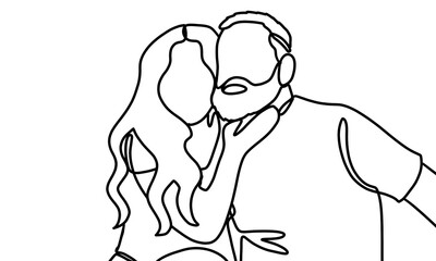 Minimalist line art of a couple in an close up intimate pose, black-and-white illustration, perfect for romance-themed designs, capturing love and connection