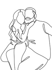Minimalist line art of a couple in an close up intimate pose, black-and-white illustration, perfect for romance-themed designs, capturing love and connection