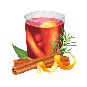 recommend clip art: A glass of mulled wine with cinnamon, rosemary and orange zest isolated on transparent background. Hand drawn watercolor illustration. For design, cards, packaging, labels, menus, recipes, advertising