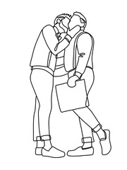 Continuous black white line drawing of two men, kissing, friends, couple, sitting, chatting, minimalist art. Ideal for friendship, affection, brotherhood theme
