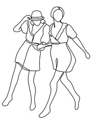 Continuous black white line drawing of two young girls couple walking, going out with each other, chatting, hugging, minimalist art. Ideal for friendship, affection, sisterhood theme