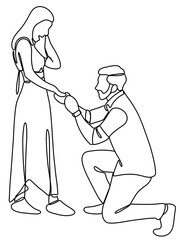 Continuous line drawing of a man, kneeling and proposing to a woman, holding hand, couple, minimalist art. Ideal for love, romantic themes, relationship concepts, and minimalist art project