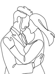 Continuous line drawing of a man and woman, couple, holding and looking at each other, minimalist art. Ideal for love, romantic themes, relationship concepts, and minimalist art project