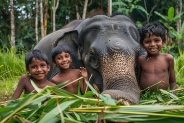Fototapeta premium indian little kids with elephant