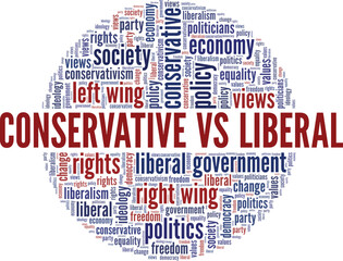 Conservative vs Liberal word cloud conceptual design isolated on white background.
