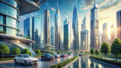 Naklejka premium Futuristic cityscape with modern architecture and advanced cars , future, city, skyline, buildings, technology