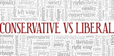 Conservative vs Liberal word cloud conceptual design isolated on white background.