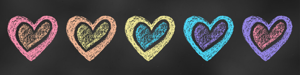 Realistic Chalk Drawn Sketch. Set of Design Elements Colorful Hearts Isolated on Chalkboard Backdrop.