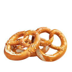 Close-up of three golden brown pretzels with sesame seeds., png, transparent, white, background