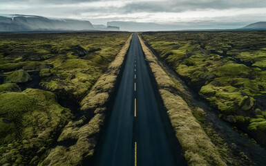 Obraz premium Road cutting through a moss lava field in Iceland