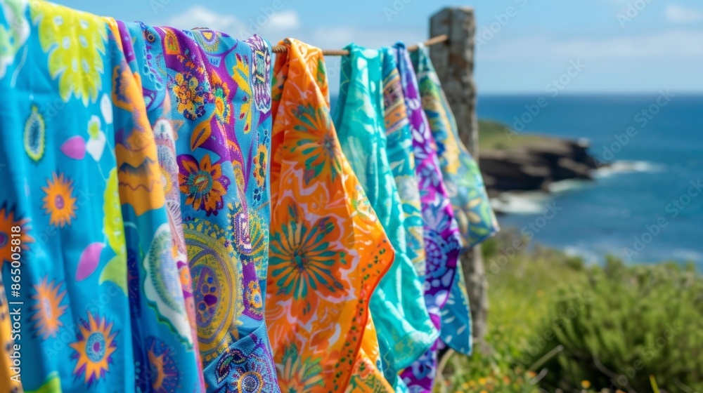 Aufkleber a laundry line filled with bright patterned cloths blowing in the wind adding pops of color to the s