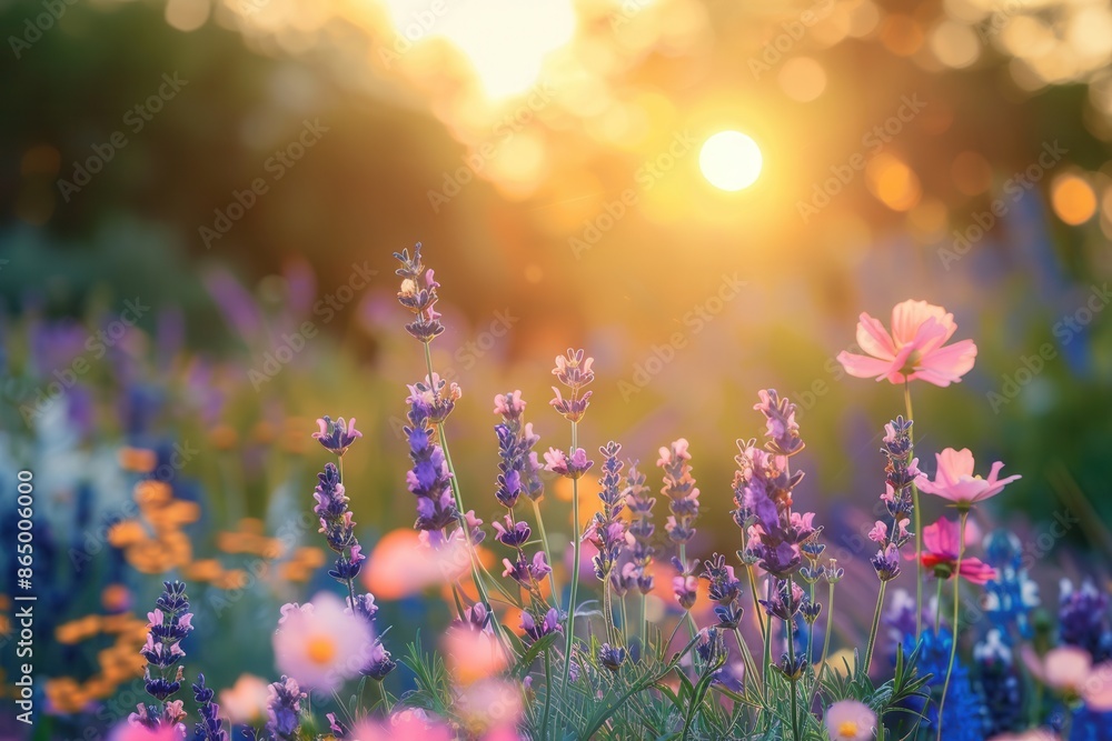 Aufkleber a field of lavender bathed in the soft light of dawn, with a few pink wildflowers adding pops of col