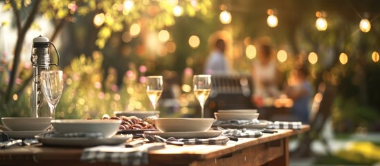 Obraz premium Decorate Your Table with a Blurred Background Featuring a Grill Party and Guests