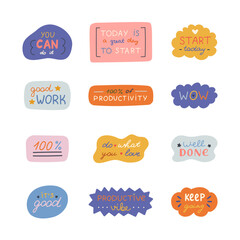 Handwritten lettering set with motivational and cheering phrases in abstract and geometric bubbles. Cute typography for good job, achievement, reward. Inspirational doodle for poster, print, sticker.