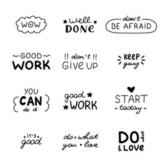 Trendy doodle set of hand drawn lettering with motivational, cheering phrases. Handwritten typography for good job, productivity, success. Inspirational doodle for poster, print, stickers, design.