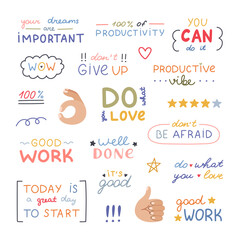 Big colorful doodle set of handwritten lettering with motivational, cheering phrases. Cute hand drawn typography for good job, achievement, reward. Inspirational doodle for poster, print, sticker.