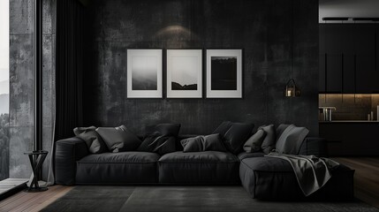 A chic living room with a black sofa, dark concrete walls, and a set of minimalist black and white photographs