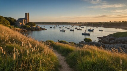 Coastal scene features historic stone church perched on rocky promontory, overlooking calm bay filled with anchored sailboats. Foreground dominated by tall grasses swaying gently in breeze.