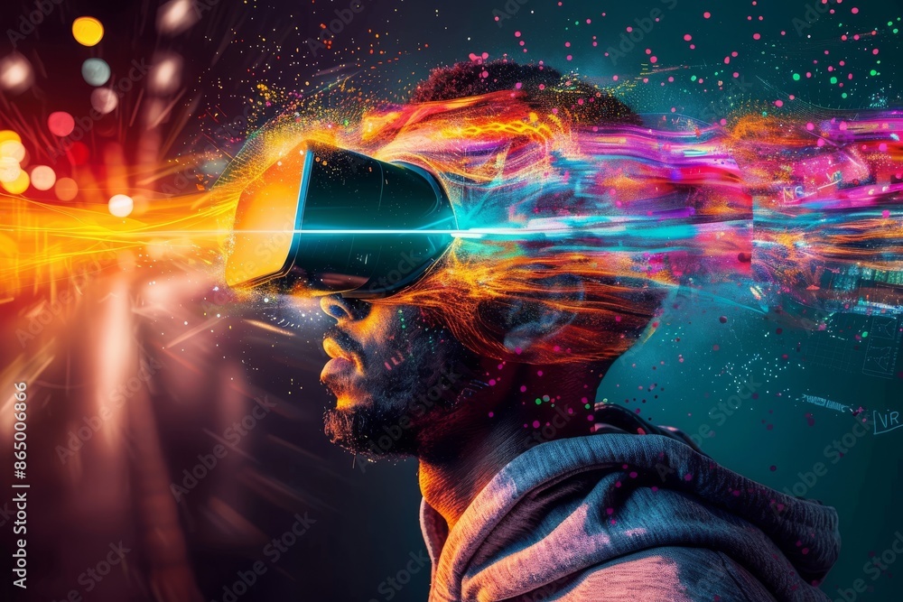 Poster man experiencing vr simulation with dynamic visuals, concept of digital immersion and advanced virtu