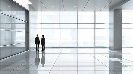 Modern office interior with large windows and two people standing. Clean and minimalistic design. High-tech look and corporate feel. Ideal for business and professional themes. AI