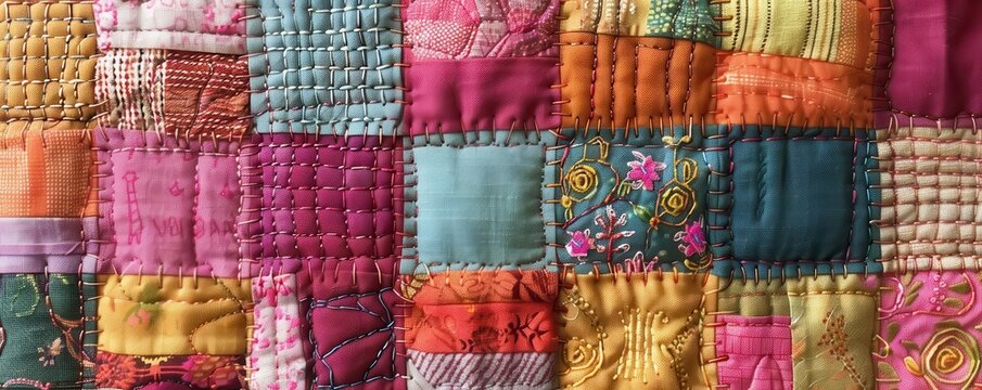 Tiny cloth squares stitched together in a patchwork quilt, detailed fabric work, handcrafted quilting designs