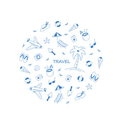 Set of summer travel doodle style icons. Vector illustration of the elements of tourism and beach holidays.