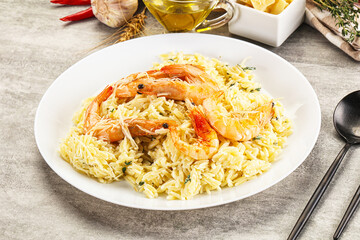 Italian pasta Orzo with prawn