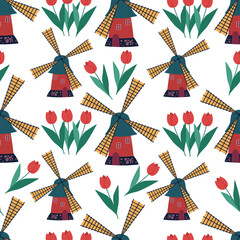 Holland, Netherlands, Windmills and tulips pattern seamless background texture repeat wallpaper vector 1