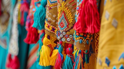 Fototapeta premium Traditional tribal cloths adorned with tassels and beading representing the diverse cultures coming together to celebrate at the flying festival.