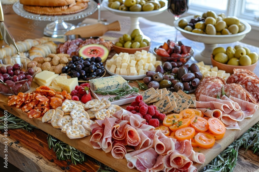 Poster a wooden table covered with an assortment of appetizers and hors doeuvres creating a tempting displa