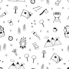 Seamless Pattern Camping doodle icons set. Vector illustration of hiking elements.